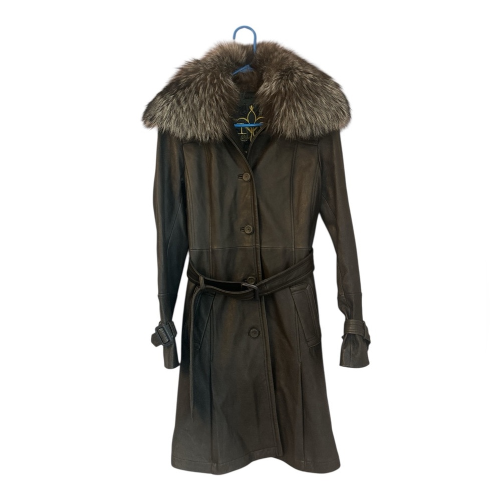 Mackage Dark Brown Leather Trench Coat with Fur Collar
